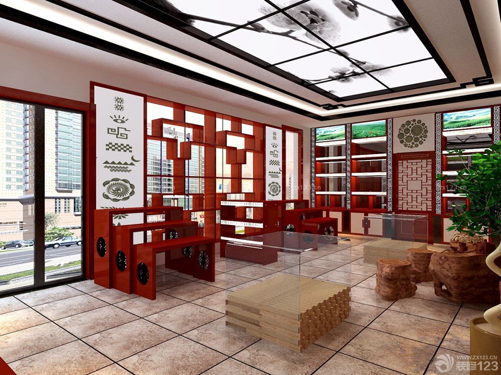 2025茶叶店面艺术吊顶装修效果图片欣赏