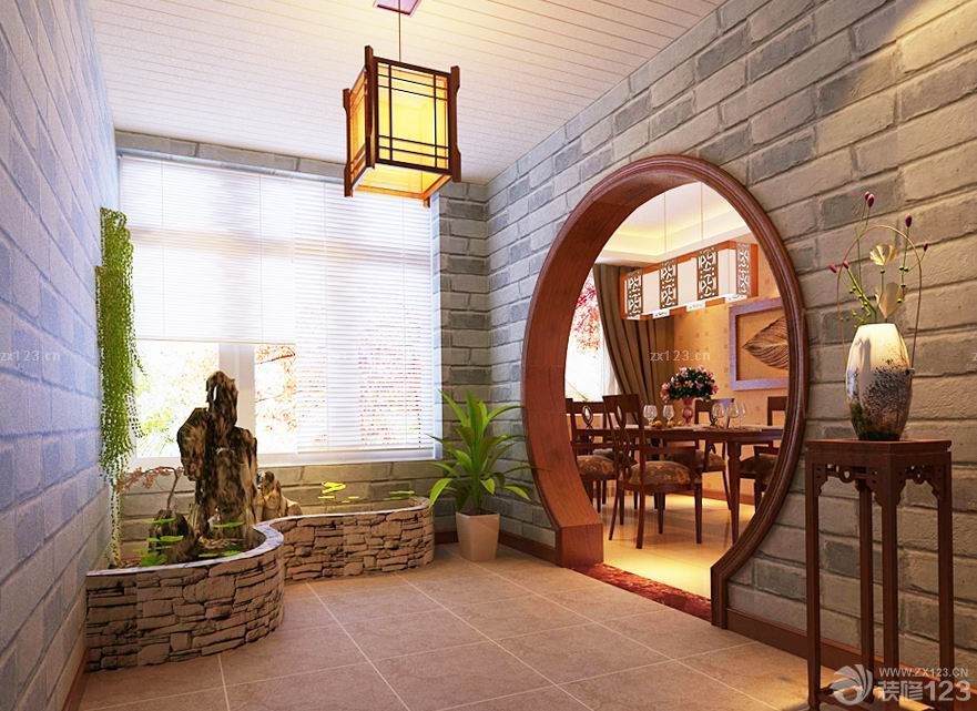 中式风格洋房入户花园设计图片大全_设计456装修效果图