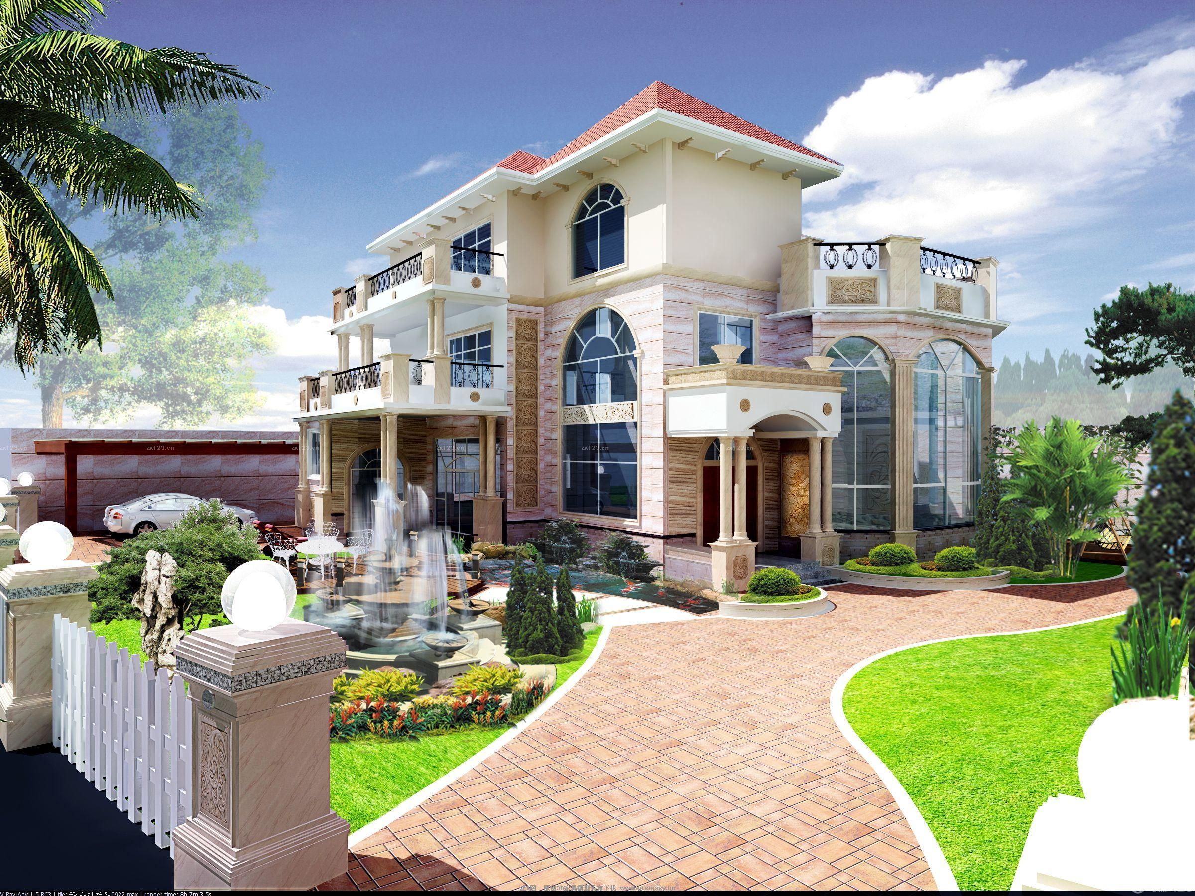 农村欧式建筑别墅花园外观效果图