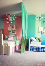 最新美式风格儿童房样板间青色窗帘装饰实景图大全