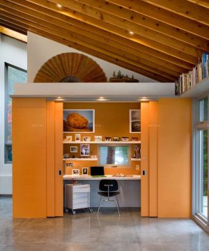 时尚简约风格开放式书房橙色门装修效果图2023