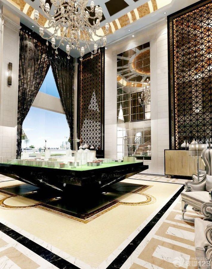 2025美式风格写字楼售楼处镜面背景墙装修方案