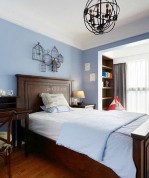 美式乡村风格卧室蓝色墙面设计图片