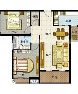 美式田园混搭两室两厅房子户型图设计