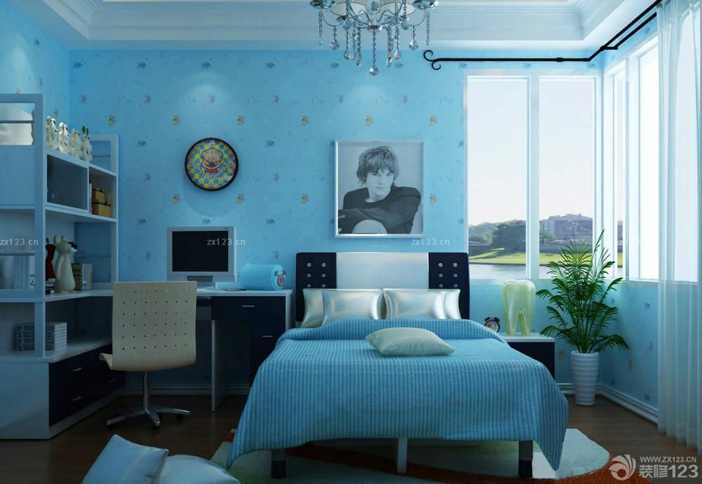 最新青色墙面小卧室装修风格