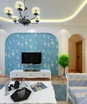 地中海风格客厅电视背景墙印花壁纸 装修效果图欣赏