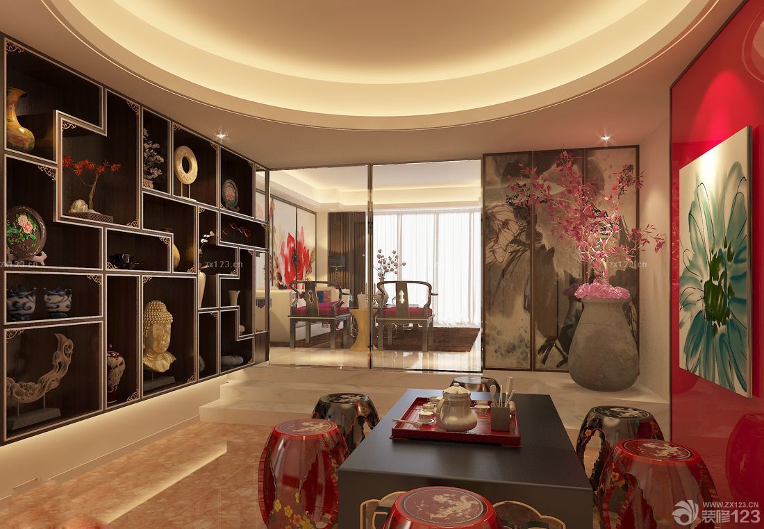 70平米旧房翻新中式博古架装修效果图 