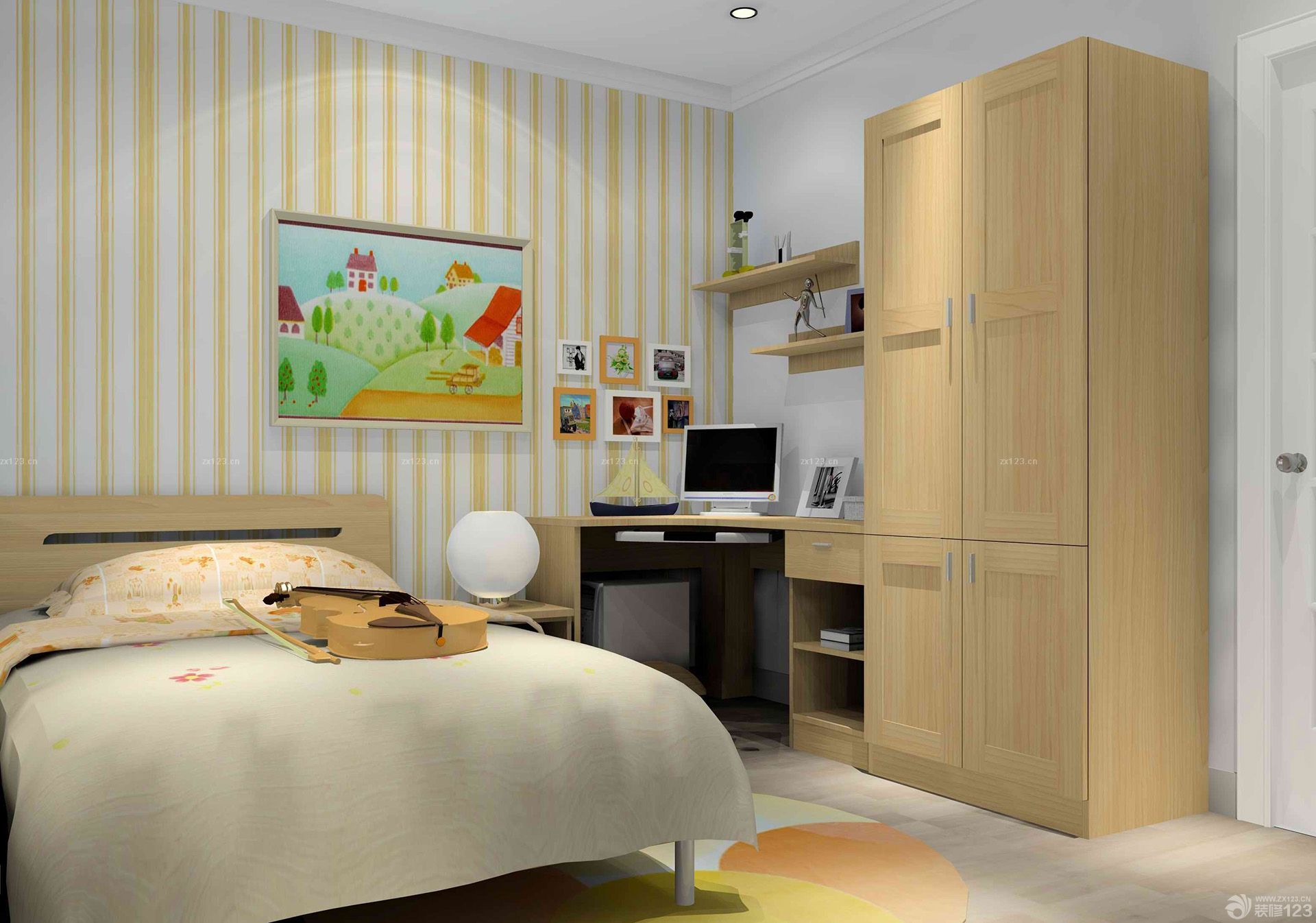 最新80平米两居小户型儿童房书桌书柜衣柜组合效果图