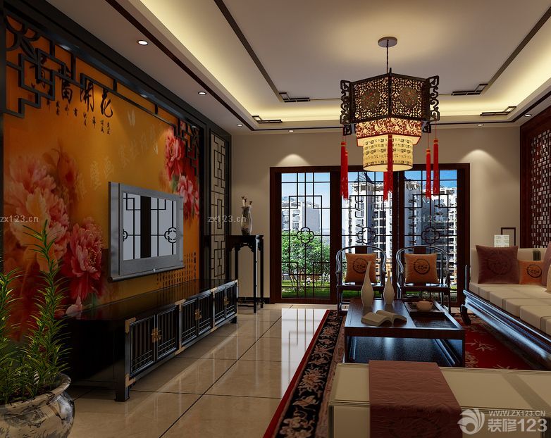 中式风格客厅电视背景墙壁纸装修效果图欣赏