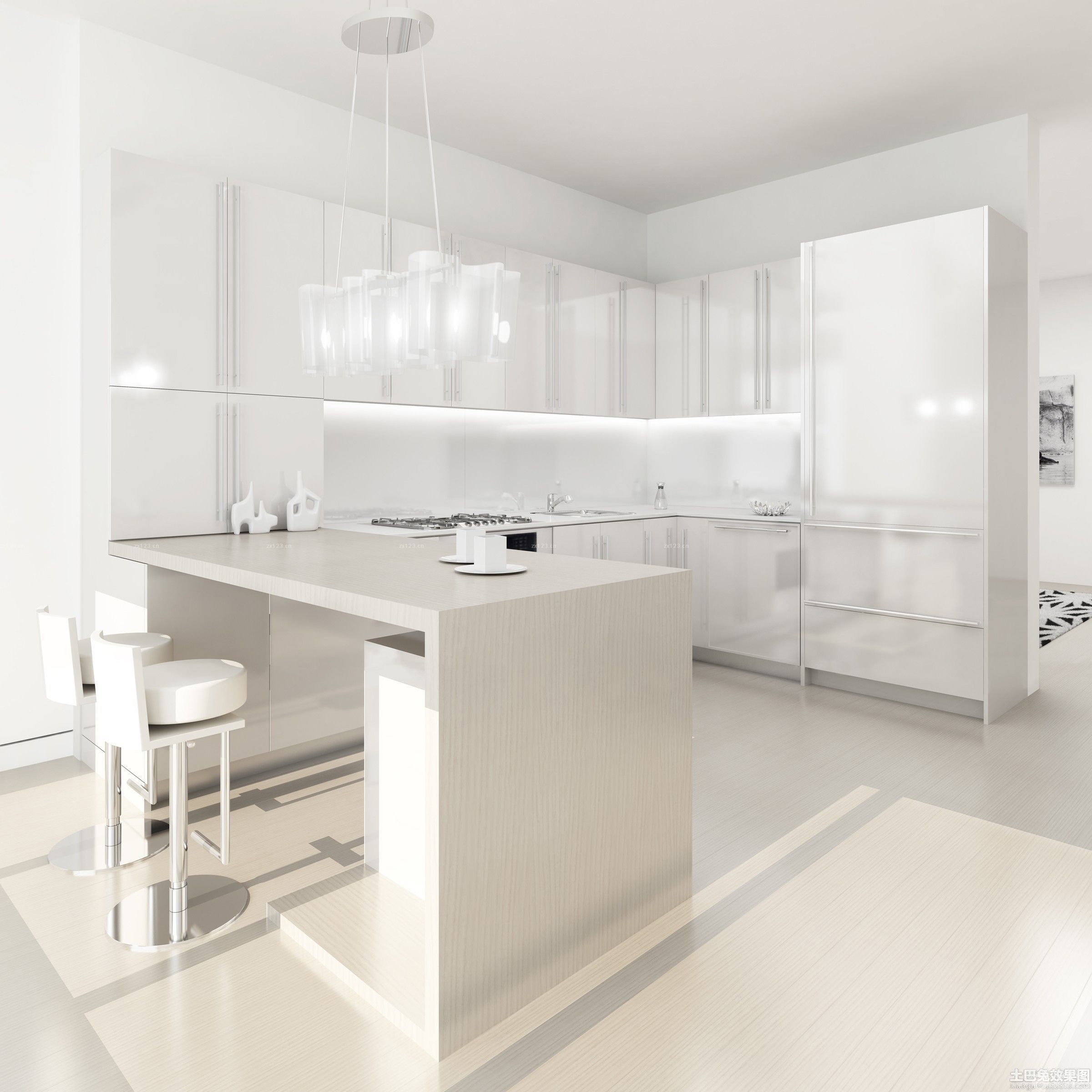 2023最新现代厨房白色家具装修设计效果图