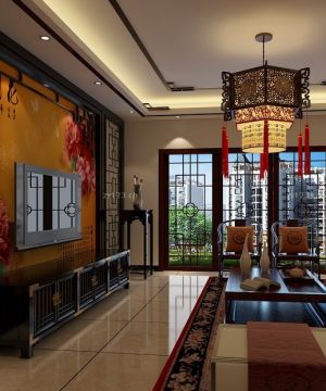中式风格客厅电视背景墙壁纸装修效果图欣赏