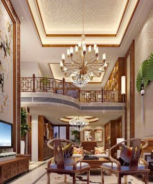 2025中式130平米复式客厅电视背景墙装修图