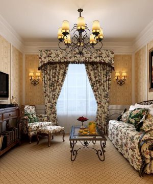 2025两室一厅80平米客厅美式乡村窗帘装修图片