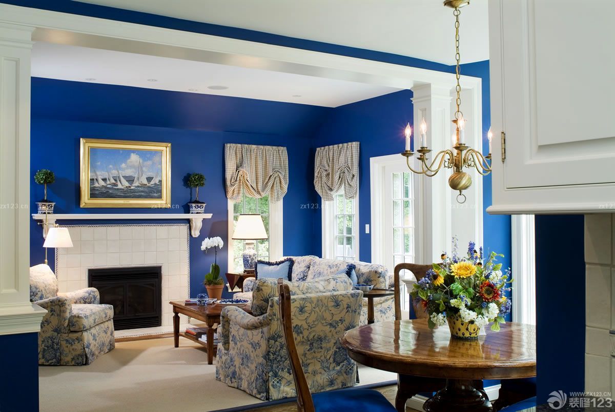 最新地中海120平米客厅蓝色墙面装修效果图3万