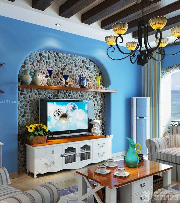 地中海风格家居客厅蓝色墙面装修设计效果图片