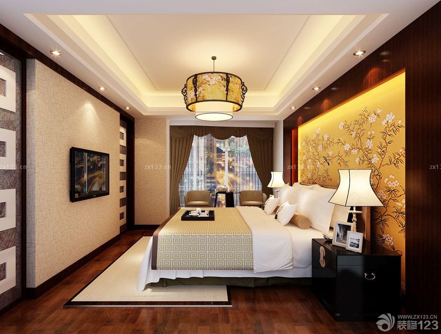 130平米中式卧室床头背景墙装修效果图片