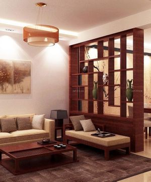 新中式客厅木质博古架隔断装修效果图片
