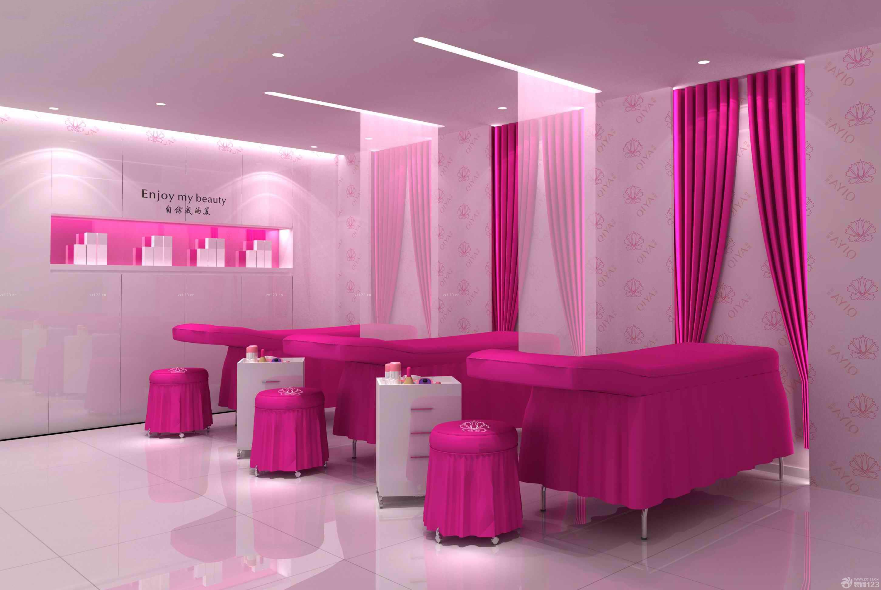 80平米美容院粉色窗帘装修设计效果图欣赏
