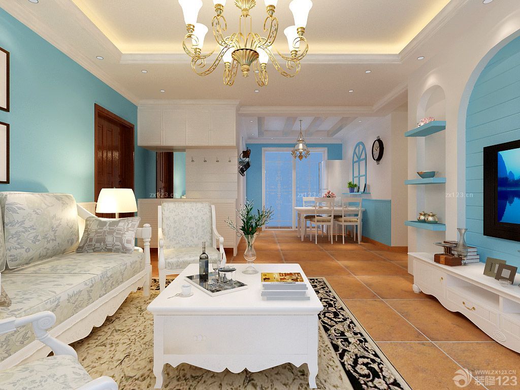 地中海风格150平米房子客厅蓝色墙面装修效果图片大全
