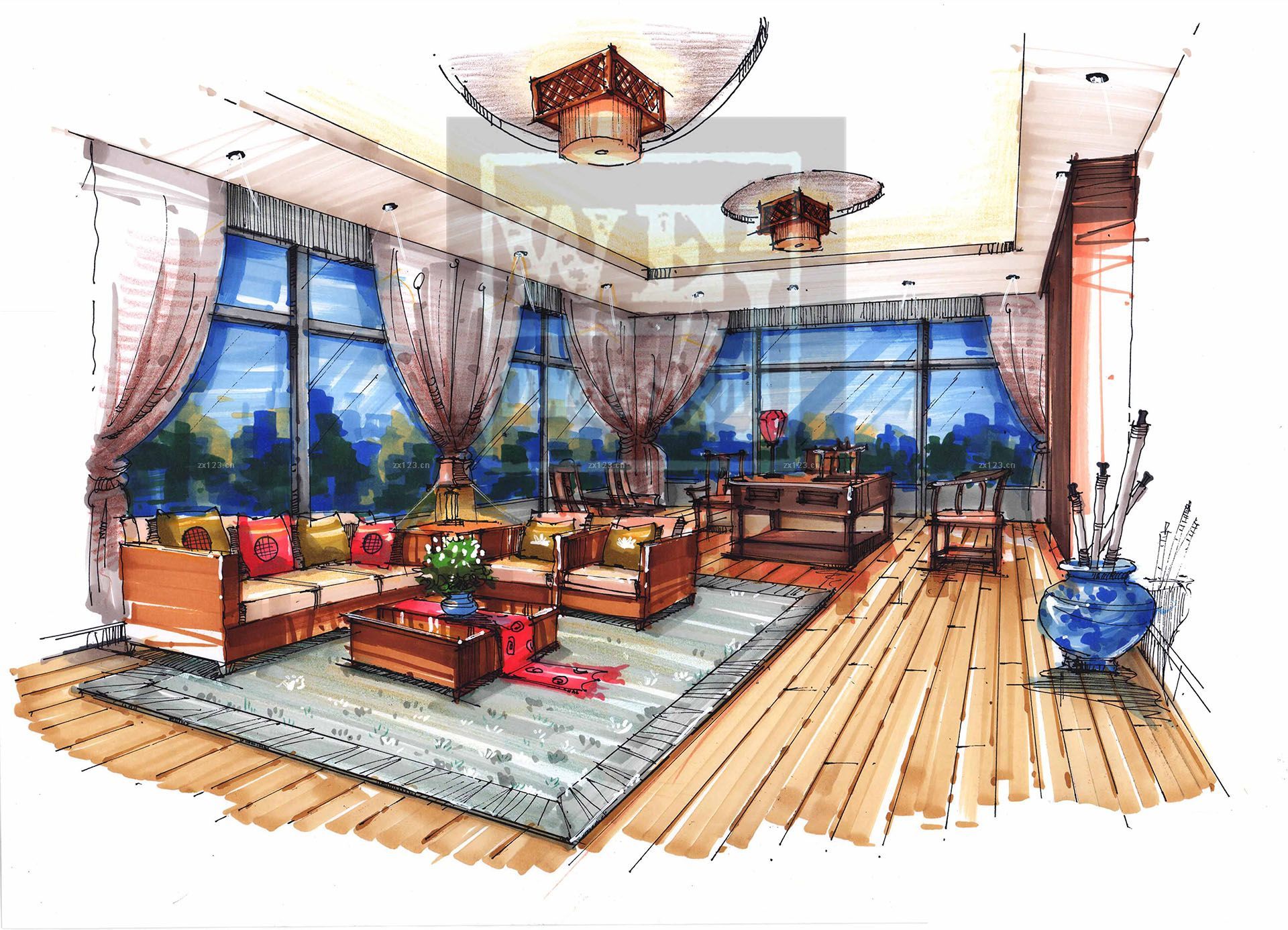 中式风格室内客厅设计手绘图片