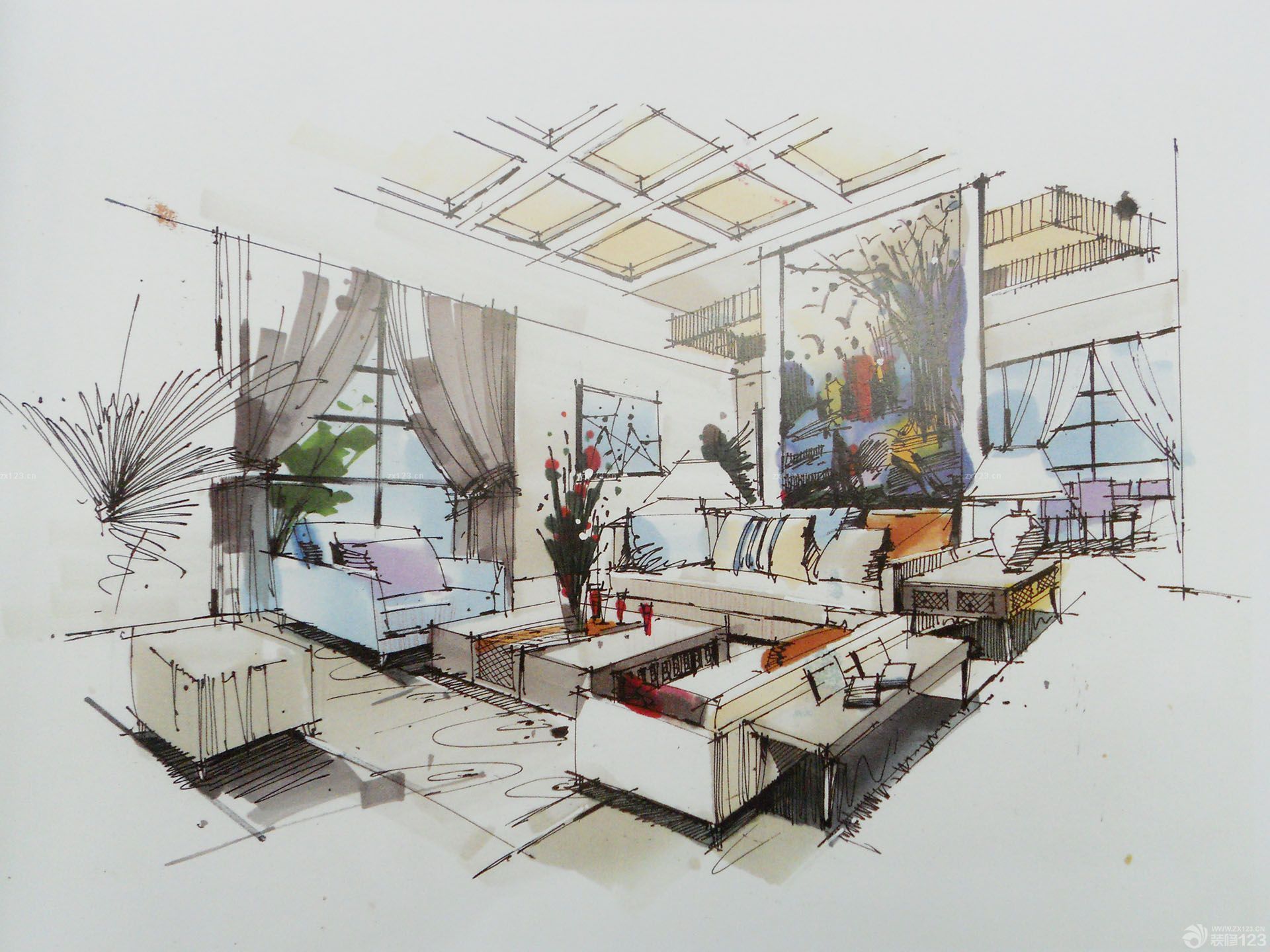 室内客厅餐厅隔断墙设计手绘效果图大全_设计456装修效果图