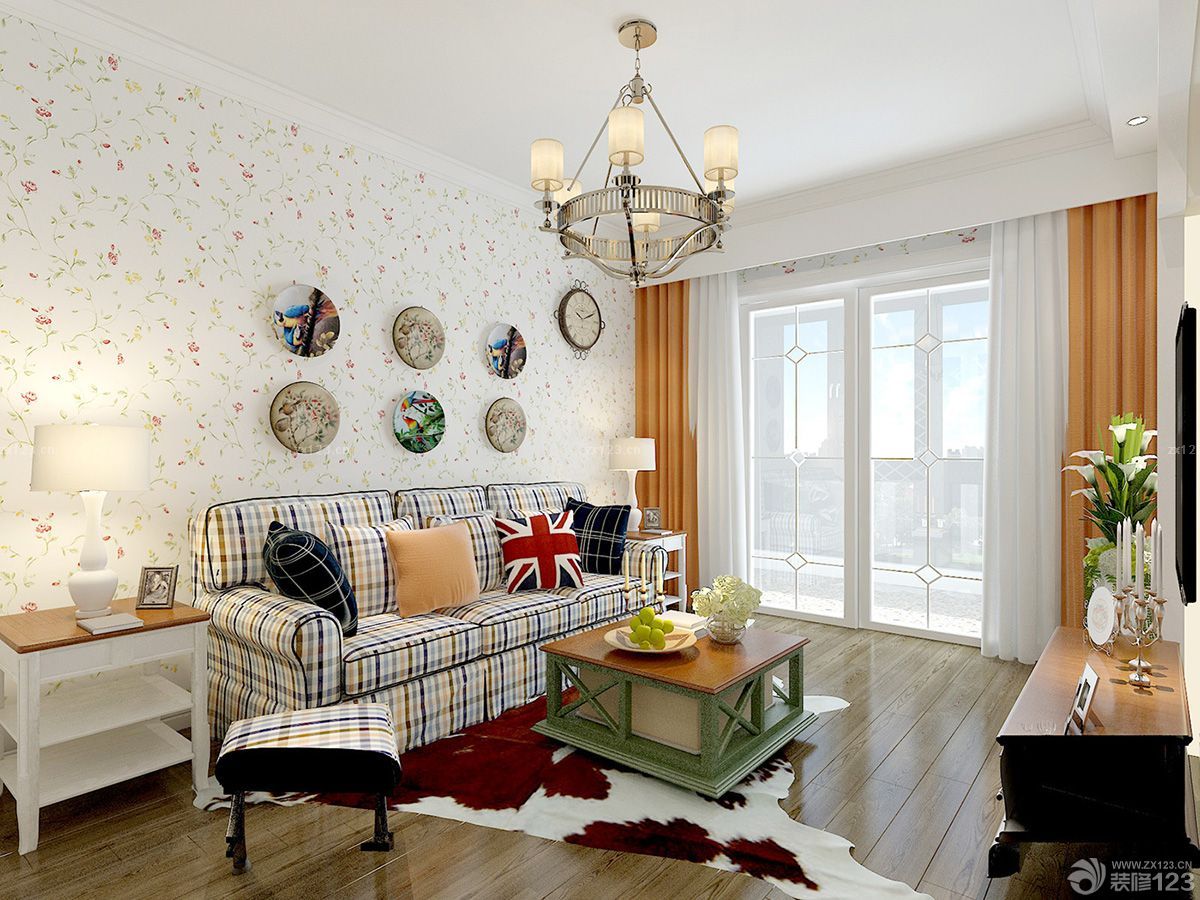 2025美式田园风格60小户型客厅带阳台装修效果图案例大全
