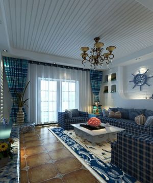 家装90平地中海风格客厅木质吊顶装修效果图欣赏