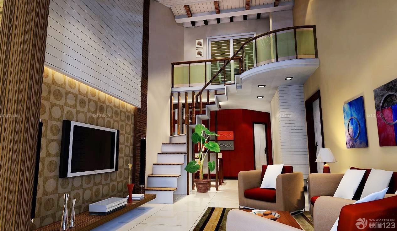 80平方复式楼中楼客厅楼梯装修效果图_设计456装修效果图