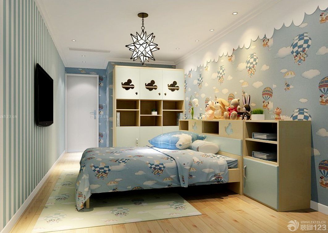 蓝色简约90平方房子儿童房间装修效果图片欣赏