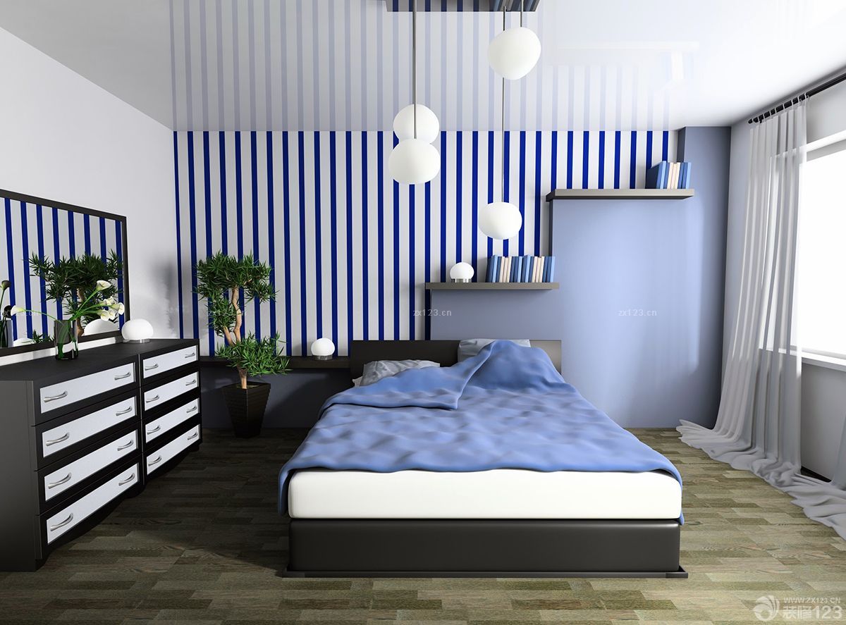 地中海风格简单房子蓝白条纹壁纸装修效果图片大全