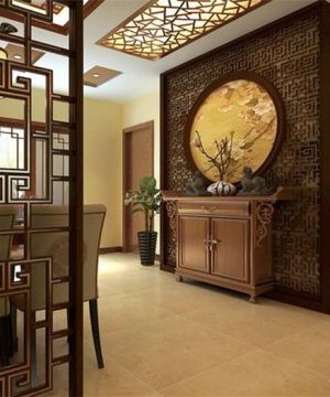 中式餐厅木质墙面背景墙装修效果图片大全