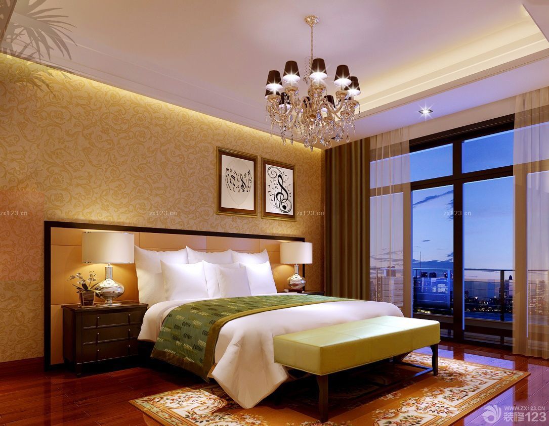 80平米花纹壁纸背景墙卧室装修效果图