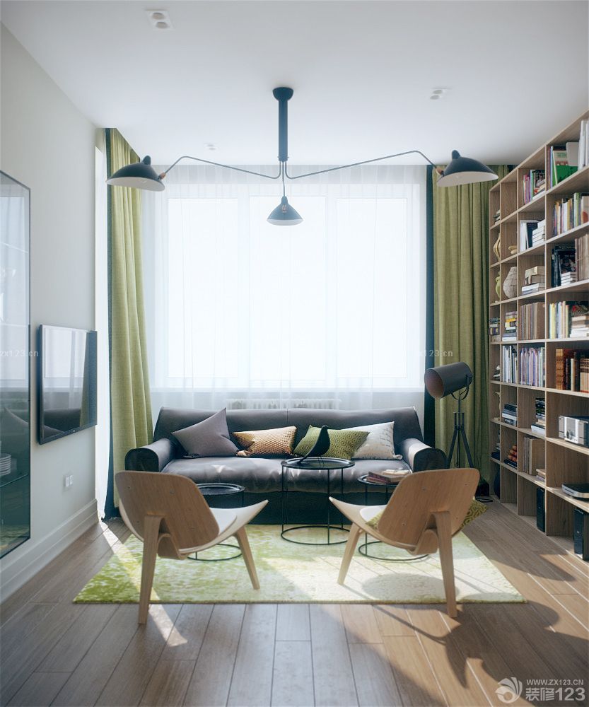2025简约小户型室内装修效果图绿色窗帘装修图片
