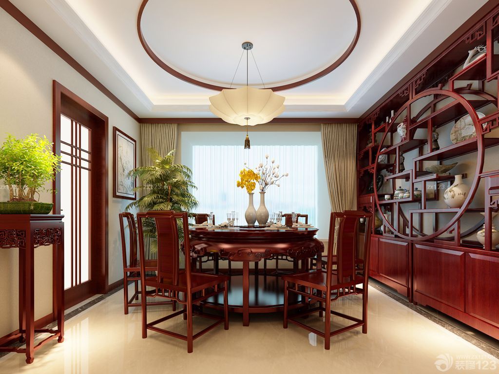 2025现代中式家装餐厅红木博古架装修效果图大全