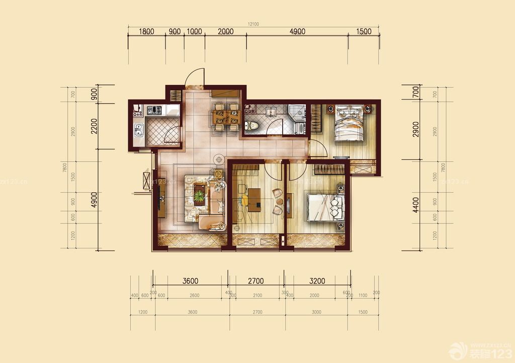 经典三房两厅户型图飘窗设计效果图