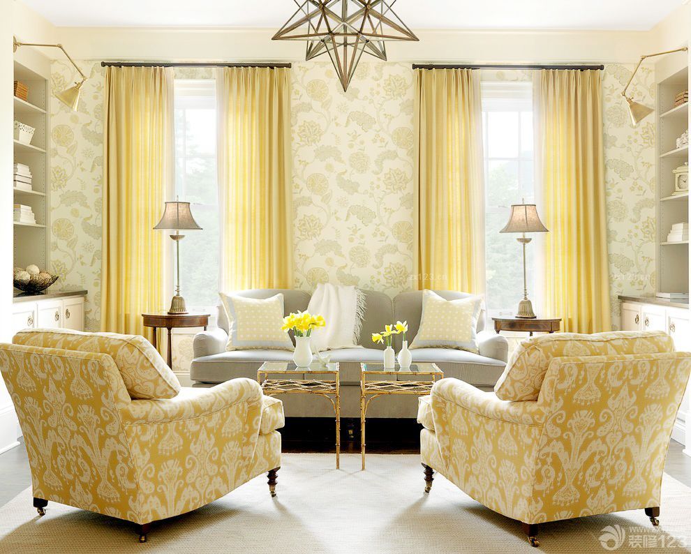 最新100平米三居室黄色窗帘装修效果图