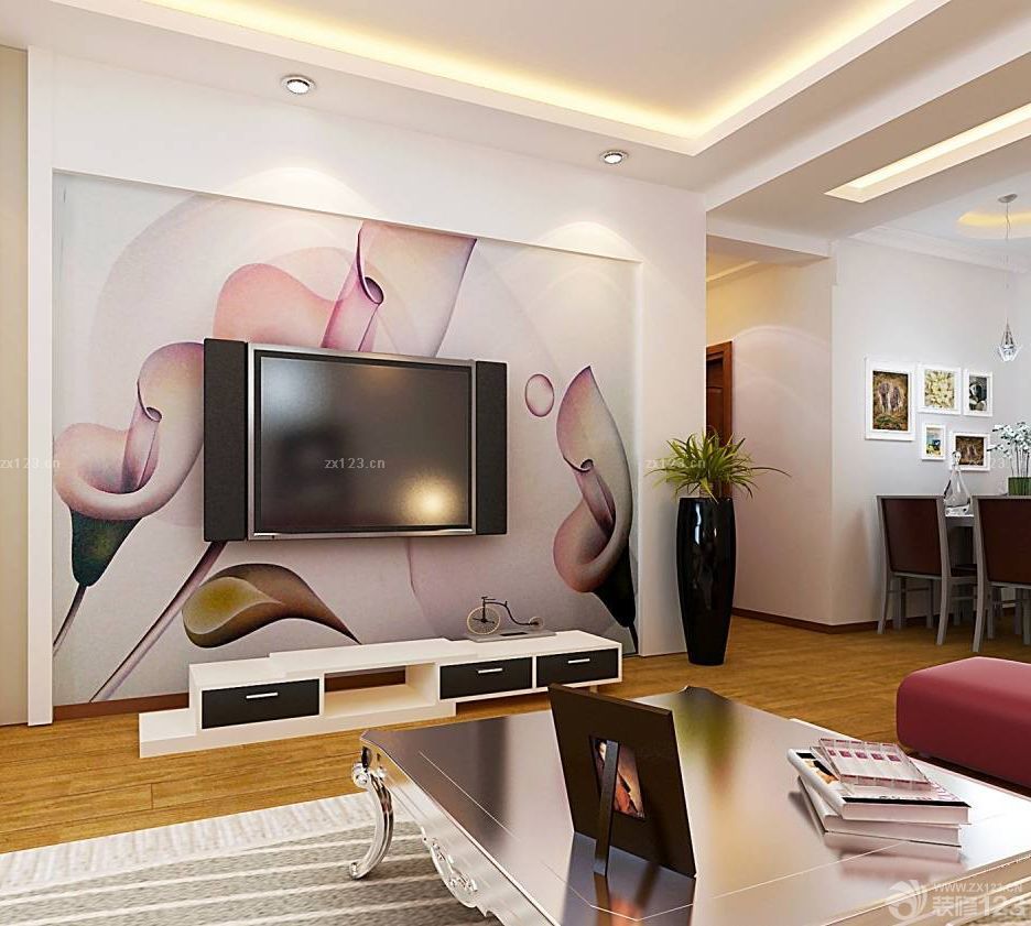 现代家装90平方米客厅电视背景墙壁纸装修图