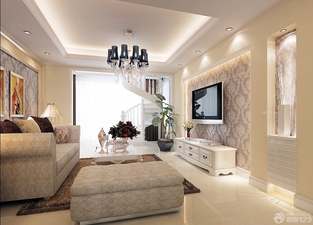 精致复式楼客厅白色地砖装修效果图大全2025图片