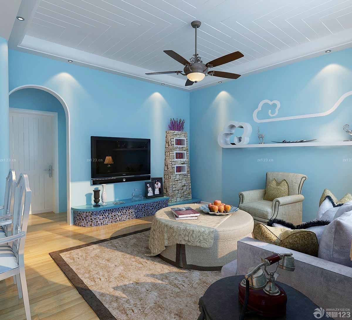 唯美复式楼客厅蓝色墙面装修效果图大全2023图片