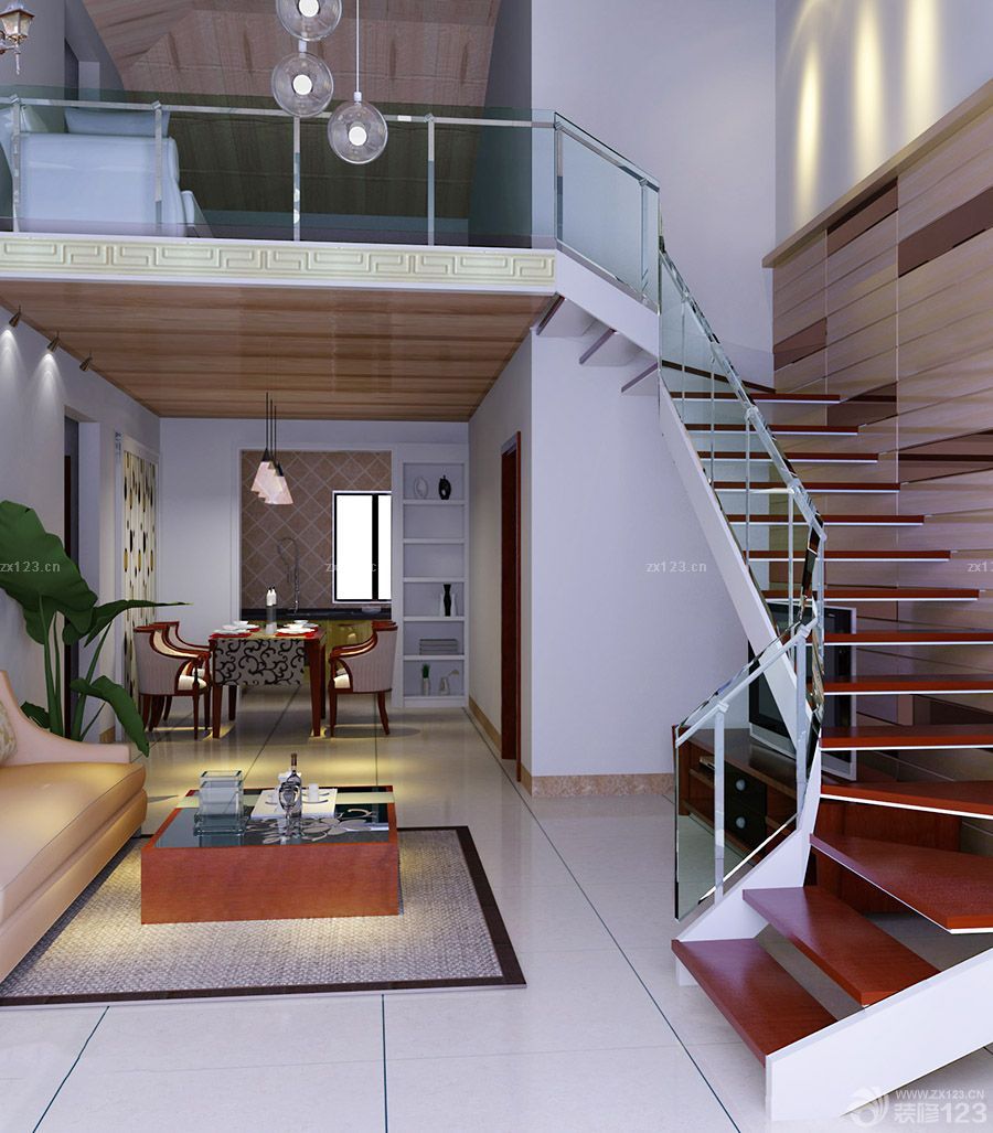 最新现代复式楼玻璃楼梯扶手装修效果图_设计456装修效果图