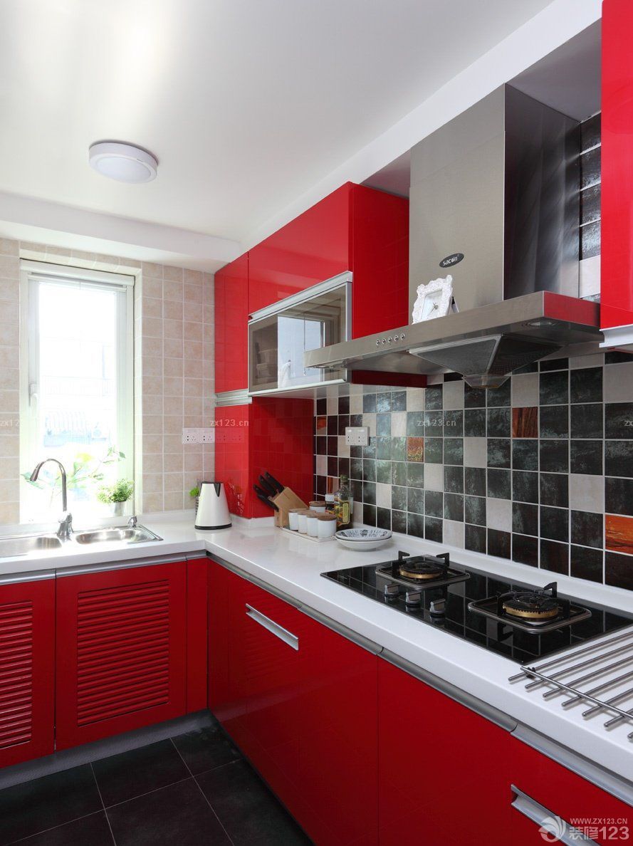 90平米小户型厨房红色橱柜装修效果图片大全
