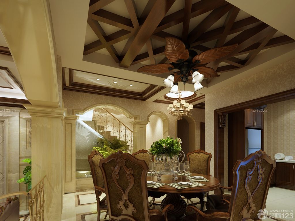 美式家庭餐厅木质吊顶装修效果图片