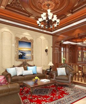 2023古典别墅客厅木质吊顶设计装修效果图片