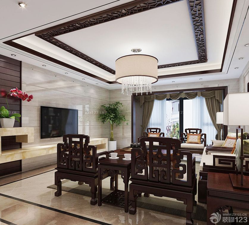 家装中式风格90平米客厅电视背景墙装修效果图片2025