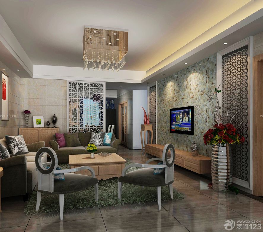 2025现代混搭风格90平米电视背景墙装修效果图片