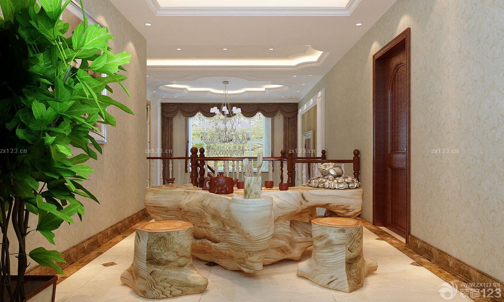 2025家庭休闲区根雕茶桌装修效果图片