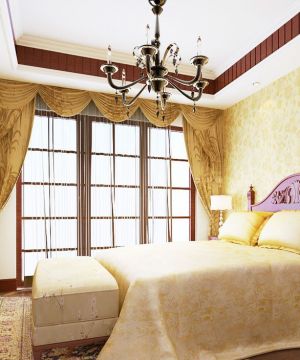 美式别墅建筑卧室黄色窗帘装修效果图片大全