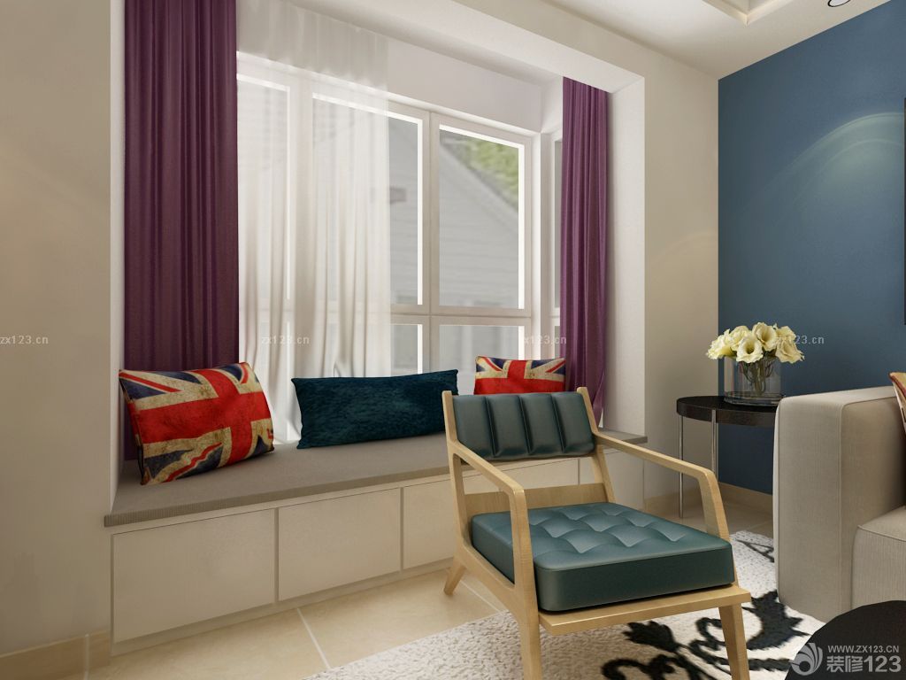 家装客厅飘窗紫色窗帘装修设计效果图欣赏