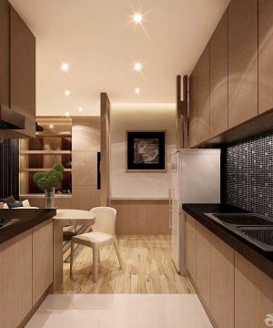 2023小户型开放式厨房浅黄色木地板装修效果图片