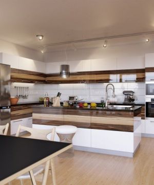 小户型开放式厨房浅黄色木地板装修效果图片